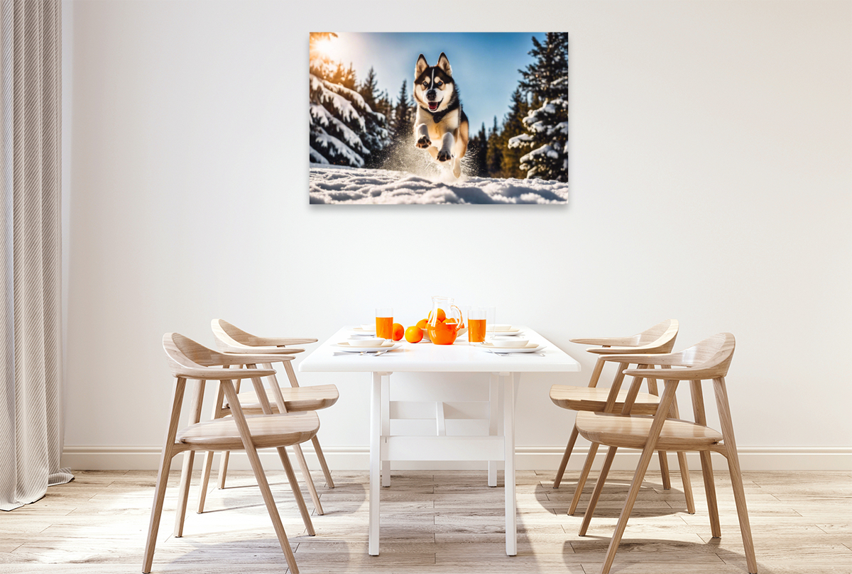 Husky mit wilden Sprüngen im Schnee