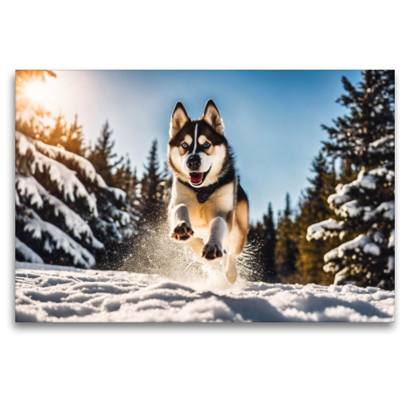 Husky mit wilden Sprüngen im Schnee