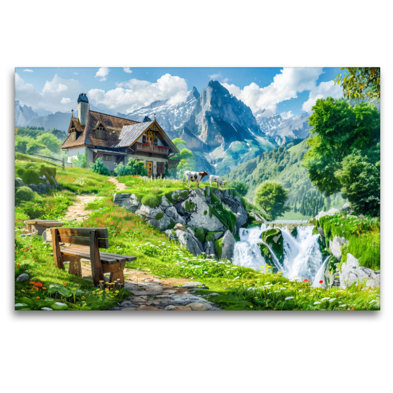 Alpine Berghütte in den Alpen. Bank mit Blick auf Wasserfall