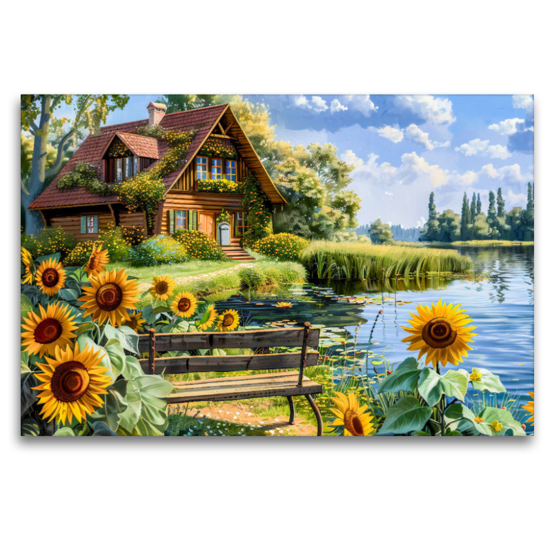 Cottage Haus am Wasser mit Sonnenblumenfeld davor