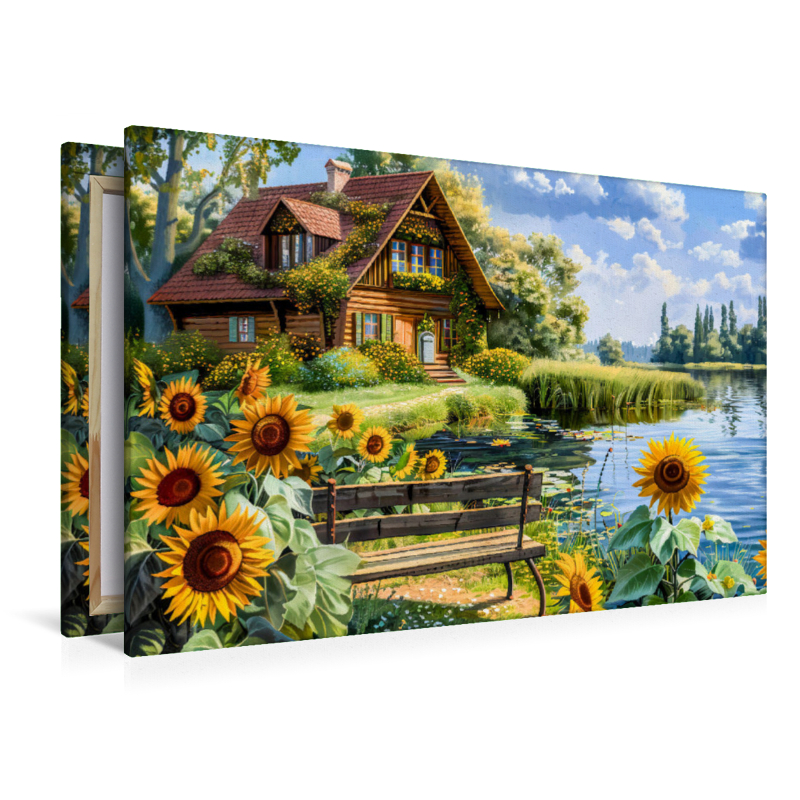 Cottage Haus am Wasser mit Sonnenblumenfeld davor