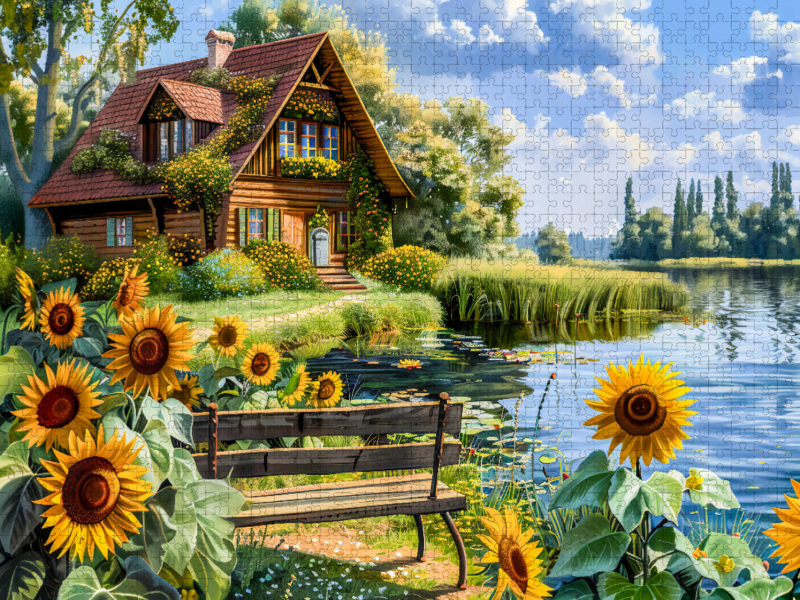 Cottage Haus am Wasser mit Sonnenblumenfeld davor