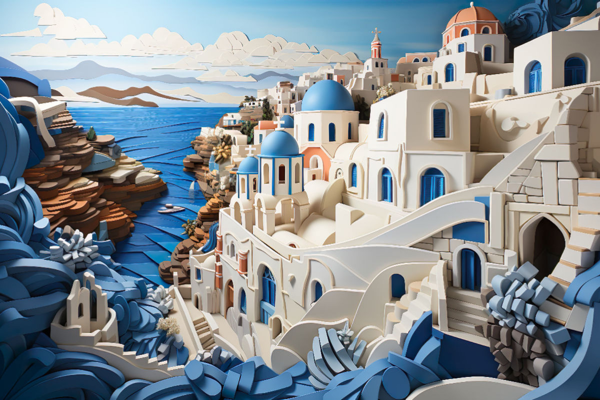 Santorini in Papierschichtkunst