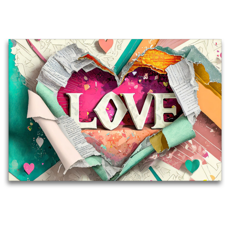 Buntes gerissenes Papier mit Herz und Text Love