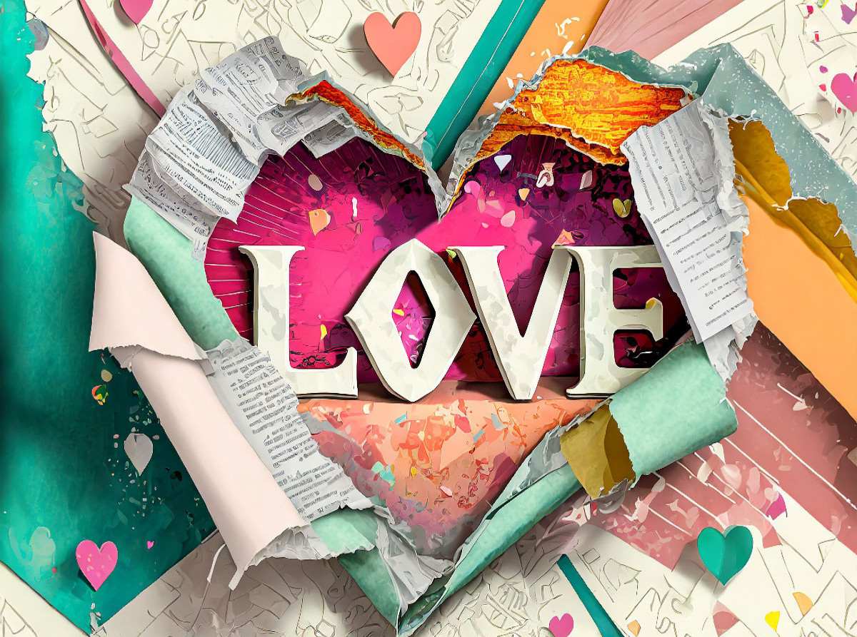 Buntes gerissenes Papier mit Herz und Text Love