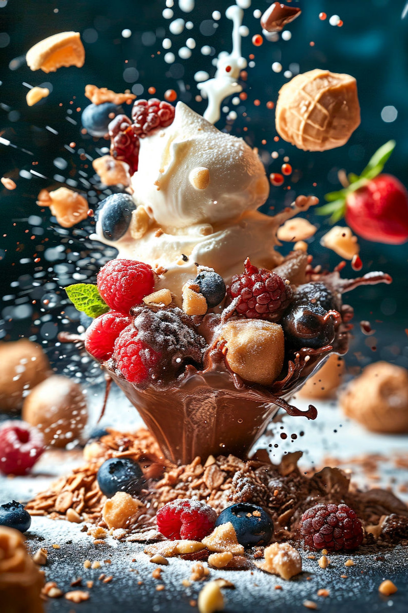 Schokoladen-Vanille-Eiscreme mit frischen Früchten und getrockneten Haferflocken