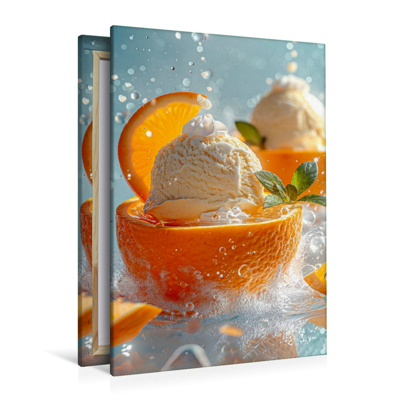 Maracuja-Eis in einer Orangenschale und Minzeblättchen