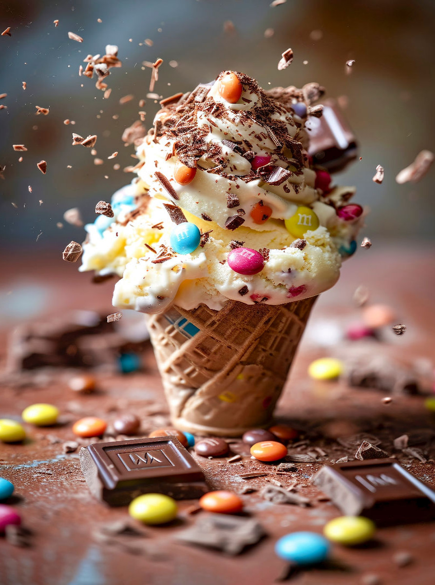 Eiscreme mit bunten Schokolinsen und Schokospäne-Topping