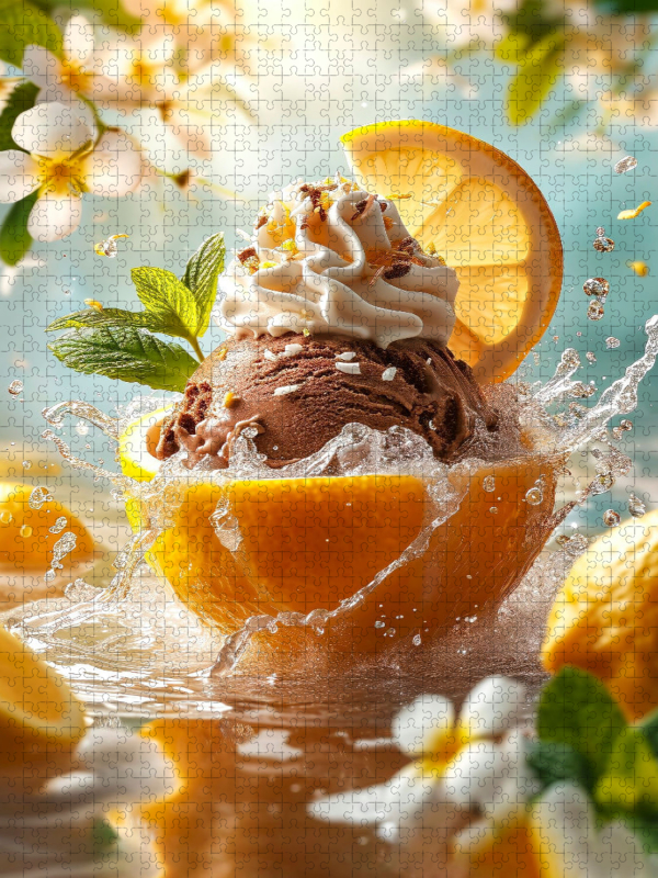 Schokoladen-Eiscreme mit Minze und Sahne-Topping, serviert in einer Zitronenschale