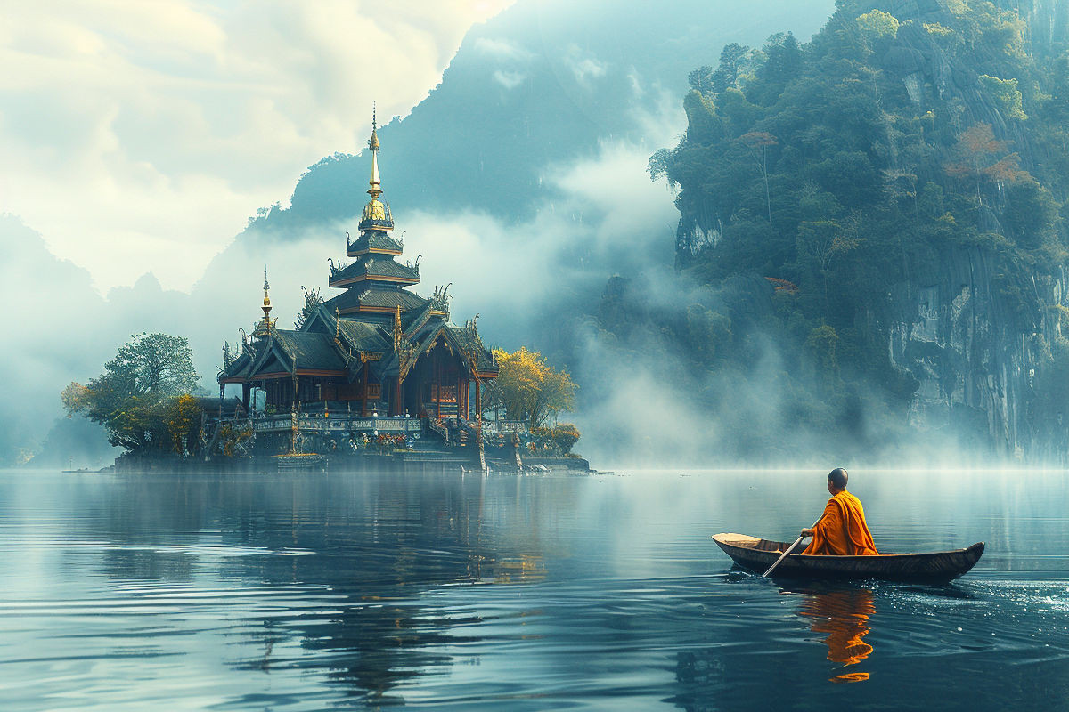 Einsamer buddhistischer Tempel auf einem See am Morgen