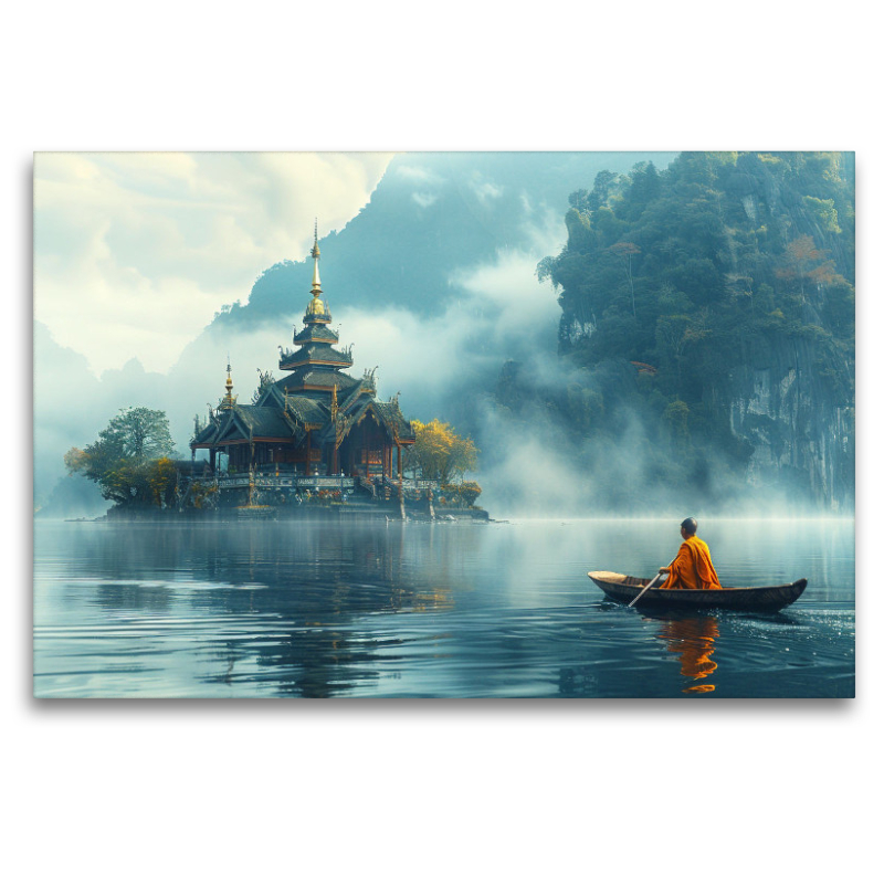 Einsamer buddhistischer Tempel auf einem See am Morgen