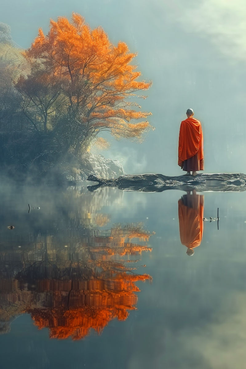 Stille - buddhistischer Mönch am See