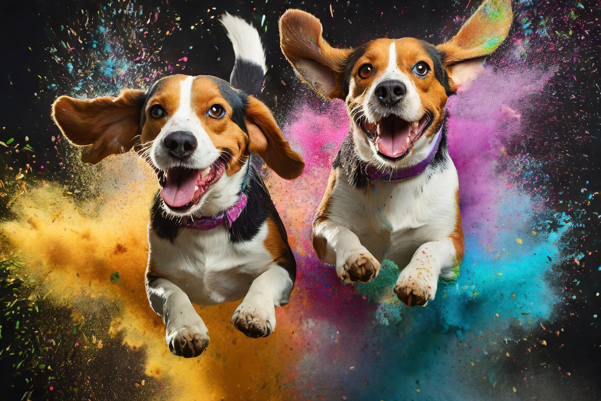 Zwei Beagle springen in einer bunten Holi Pulver Farbwolke