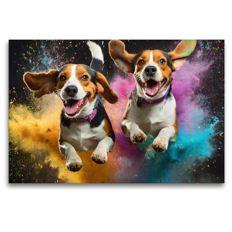 Zwei Beagle springen in einer bunten Holi Pulver Farbwolke