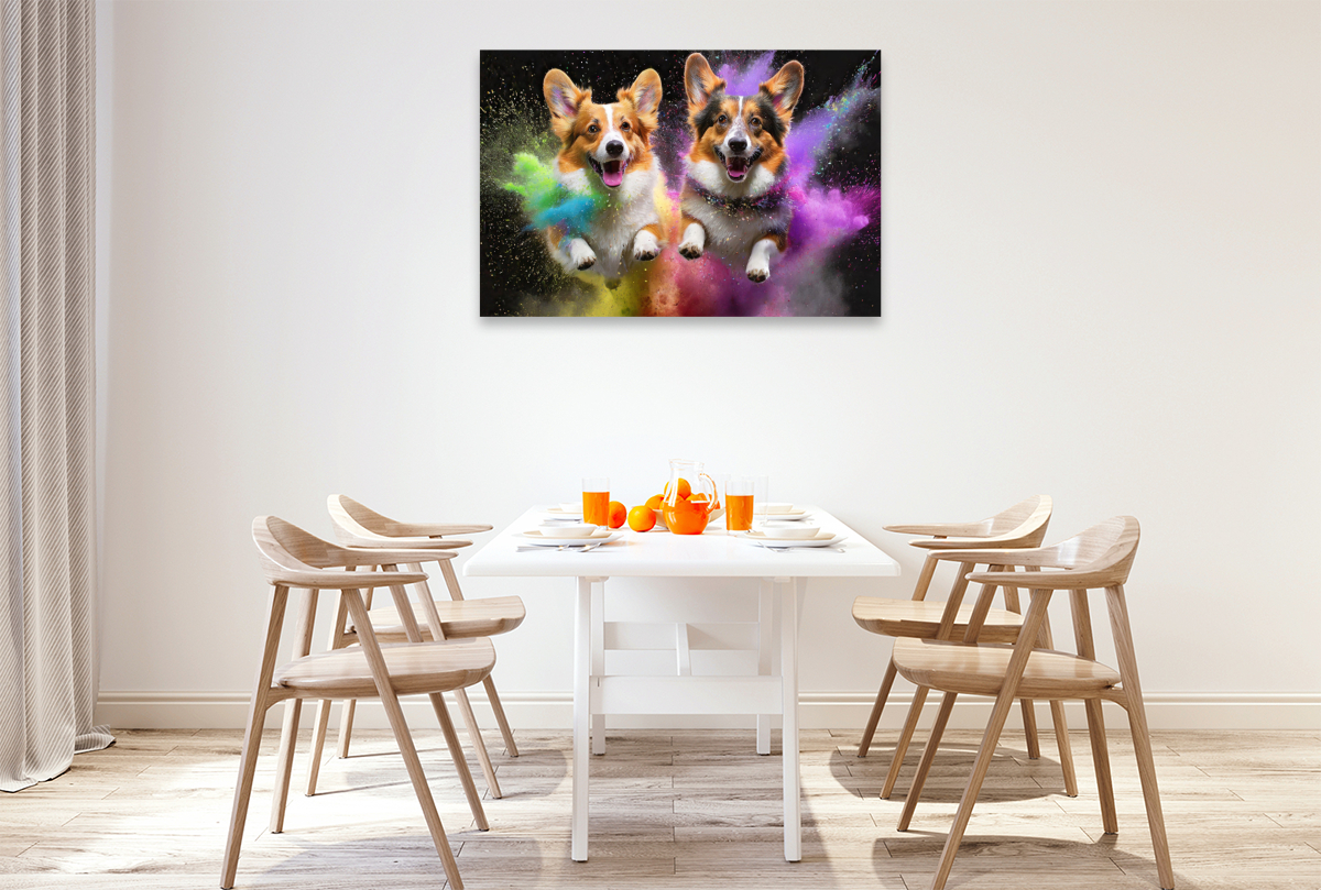 Zwei Welsh Corgi Pembroke springen in einer bunten Holi Pulver Farbwolke