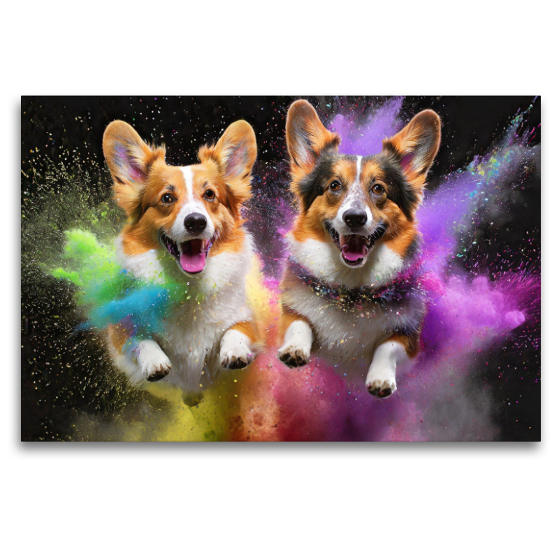 Zwei Welsh Corgi Pembroke springen in einer bunten Holi Pulver Farbwolke