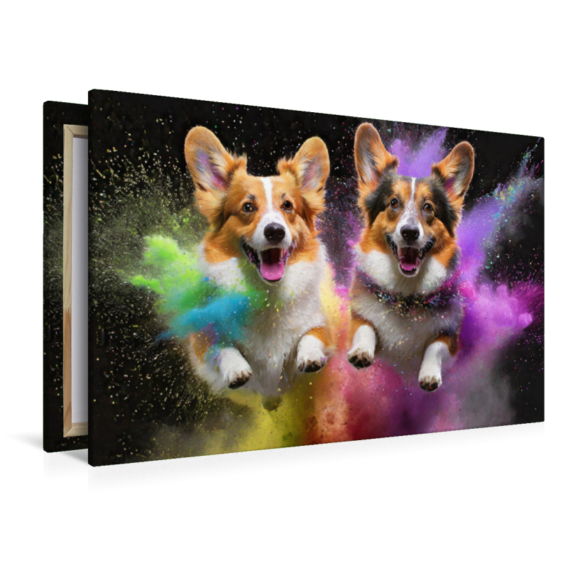 Zwei Welsh Corgi Pembroke springen in einer bunten Holi Pulver Farbwolke