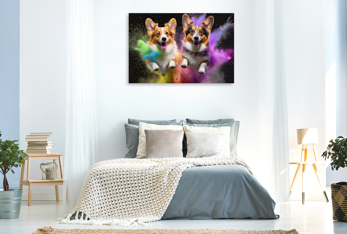 Zwei Welsh Corgi Pembroke springen in einer bunten Holi Pulver Farbwolke