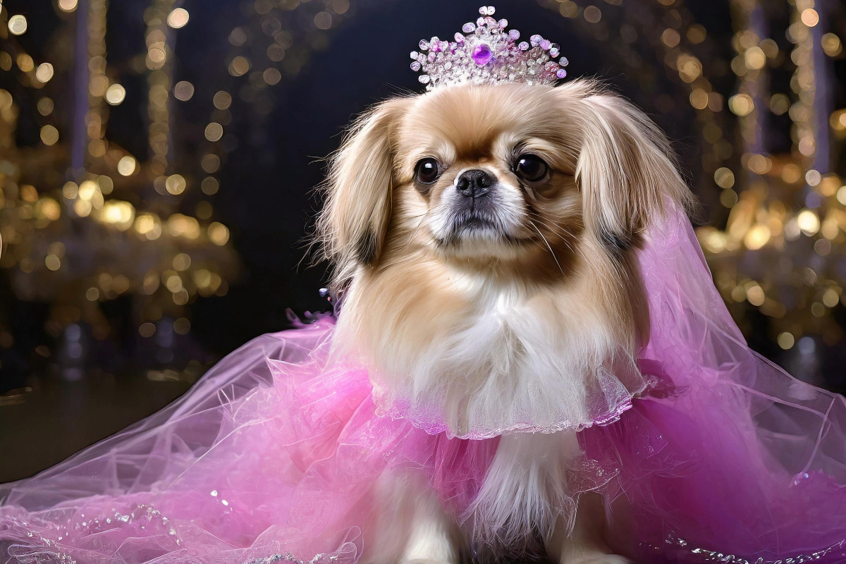 Pekinese trägt pinkfarbenes Abendkleid mit Krone