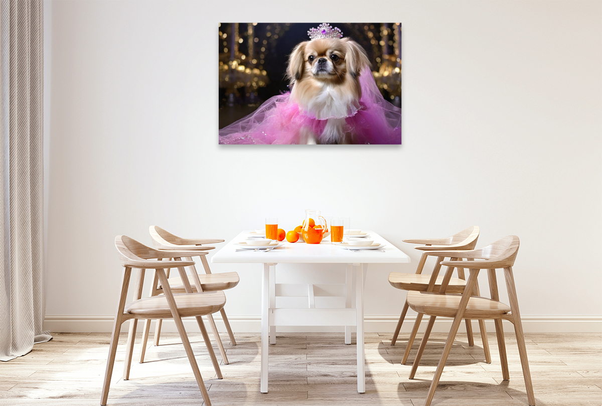 Pekinese trägt pinkfarbenes Abendkleid mit Krone