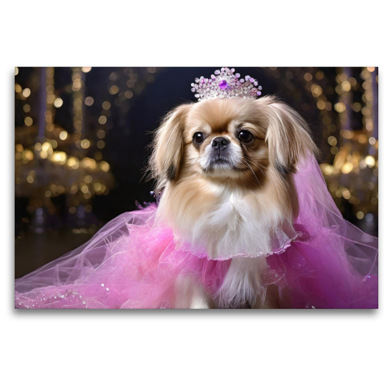 Pekinese trägt pinkfarbenes Abendkleid mit Krone