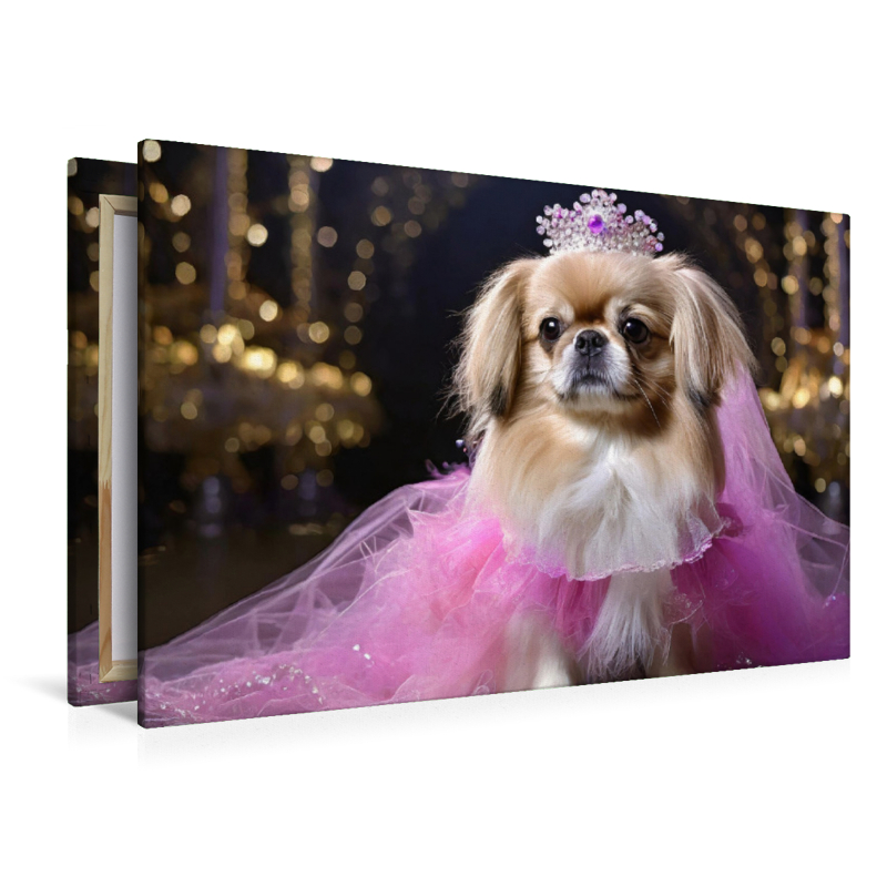 Pekinese trägt pinkfarbenes Abendkleid mit Krone