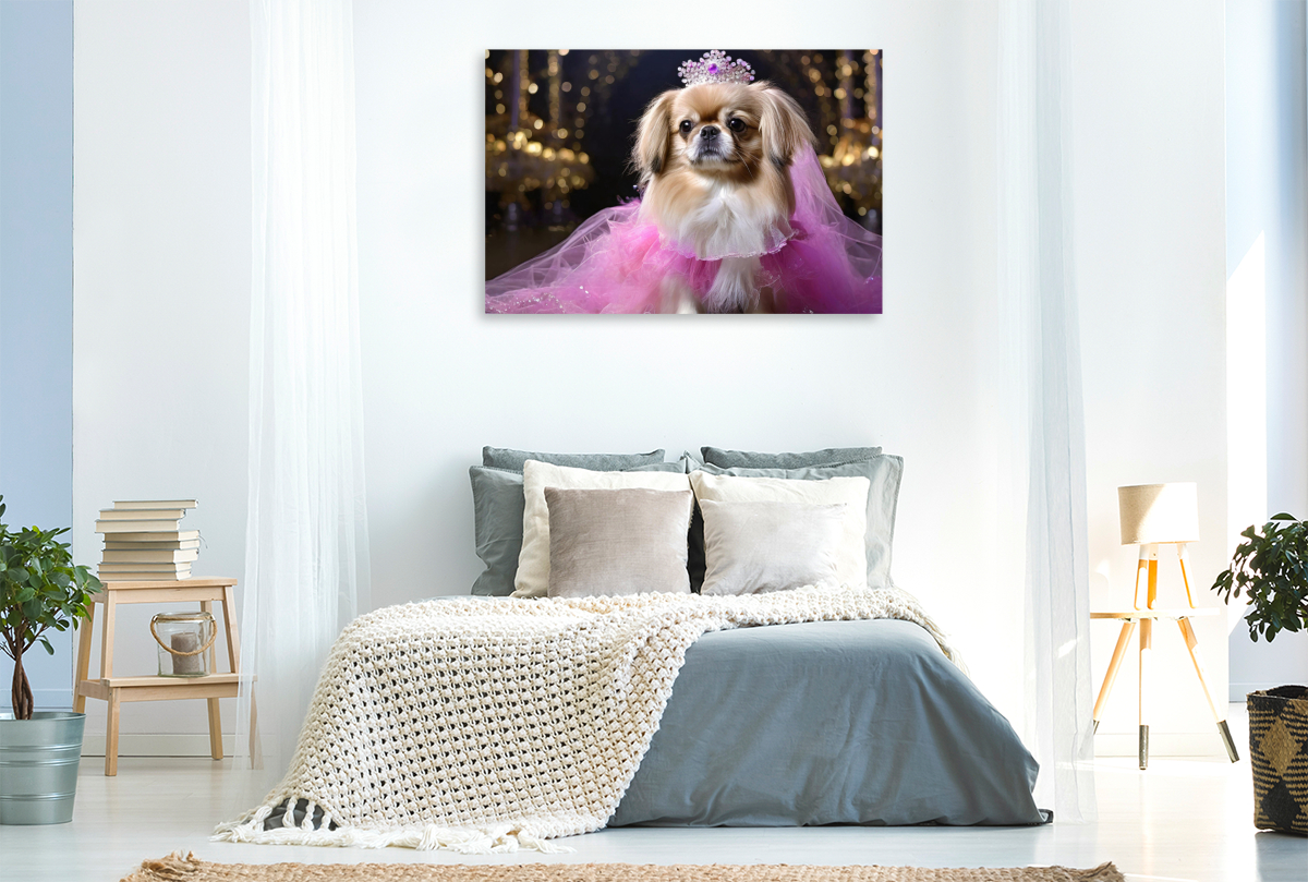 Pekinese trägt pinkfarbenes Abendkleid mit Krone