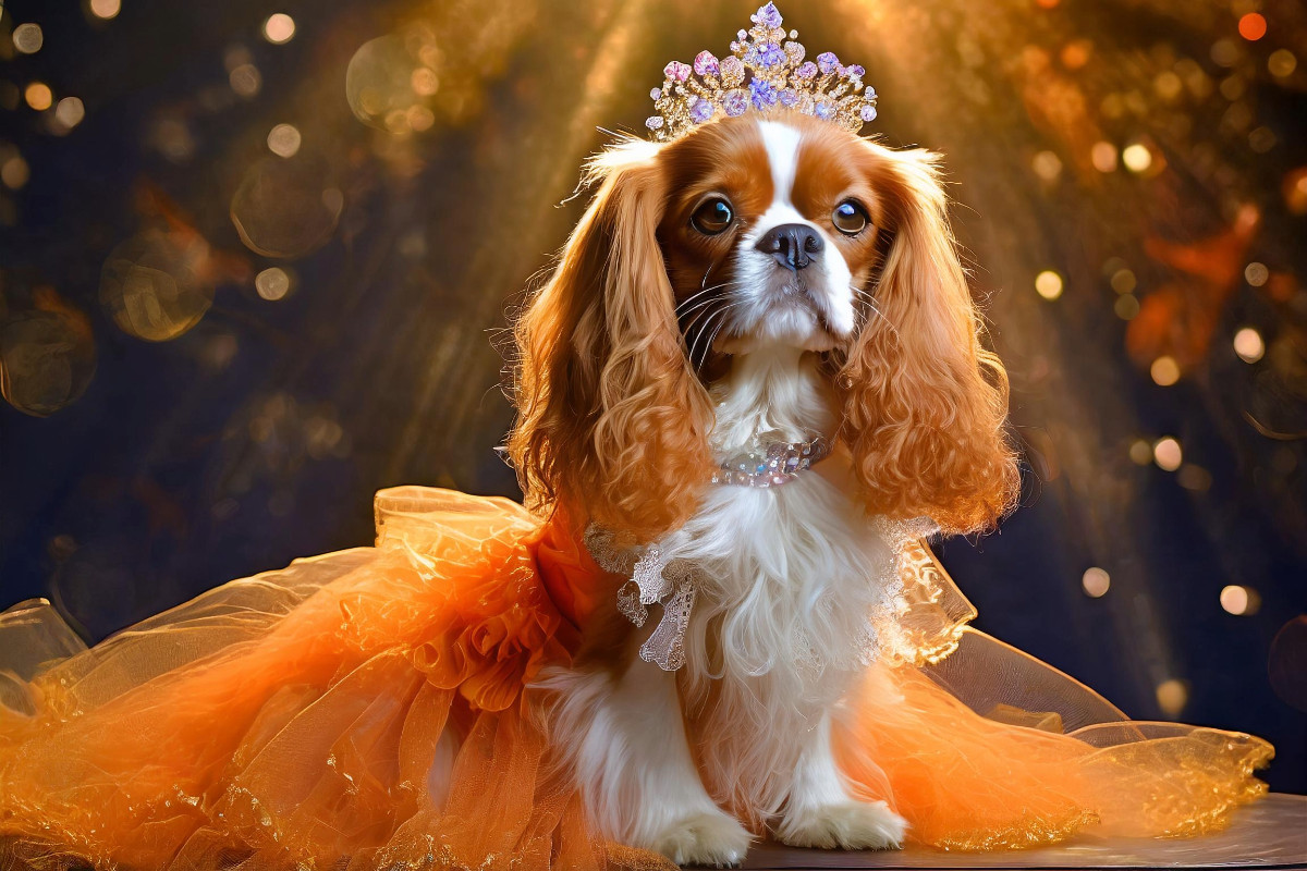 Cavalier King Charles Spaniel trägt orangefarbenes Abendkleid mit Tüll und Krone