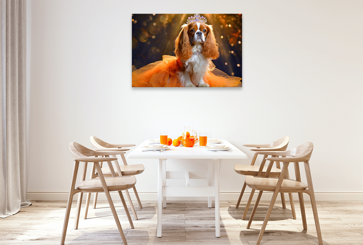 Cavalier King Charles Spaniel trägt orangefarbenes Abendkleid mit Tüll und Krone