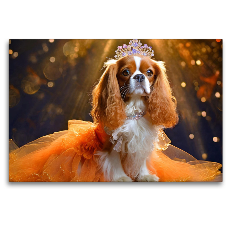 Cavalier King Charles Spaniel trägt orangefarbenes Abendkleid mit Tüll und Krone