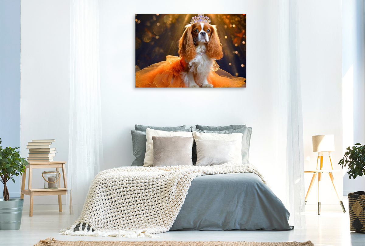 Cavalier King Charles Spaniel trägt orangefarbenes Abendkleid mit Tüll und Krone