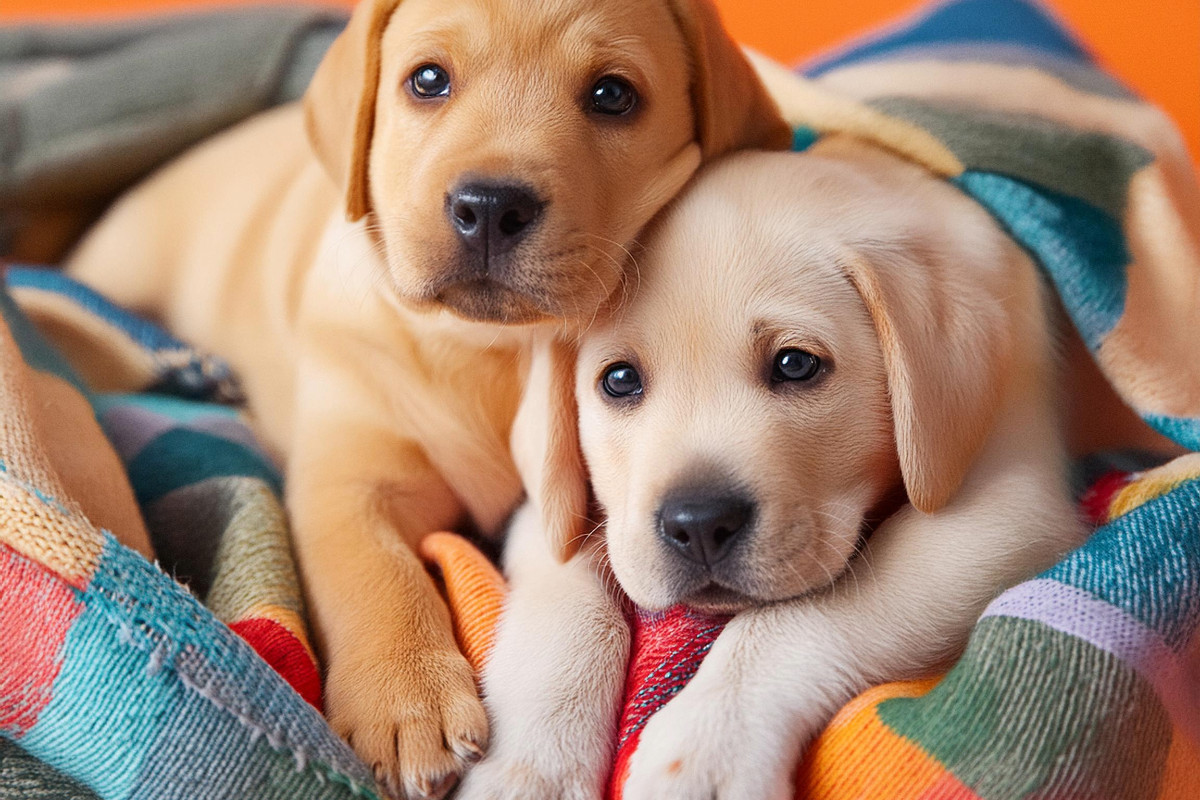 Eingekuschelt in eine bunte Decke liegen zwei Labrador Retriever Welpen nebeneinander