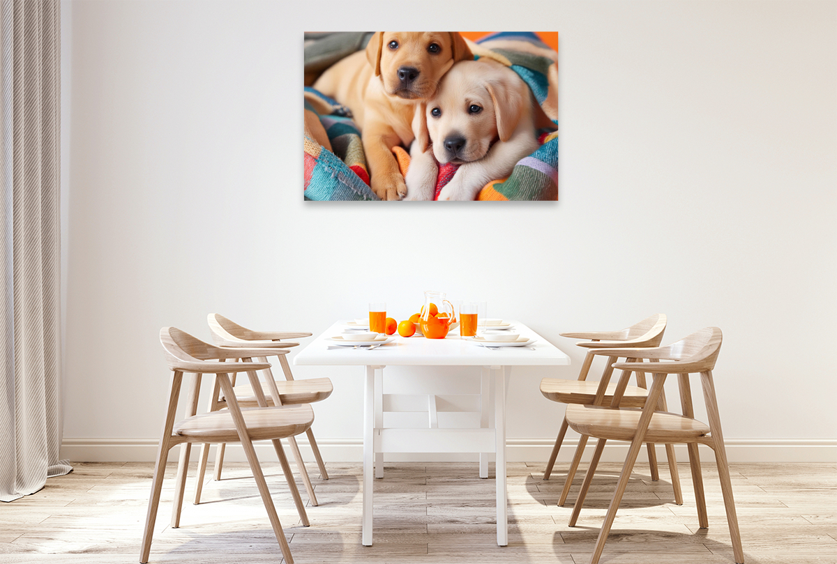 Eingekuschelt in eine bunte Decke liegen zwei Labrador Retriever Welpen nebeneinander