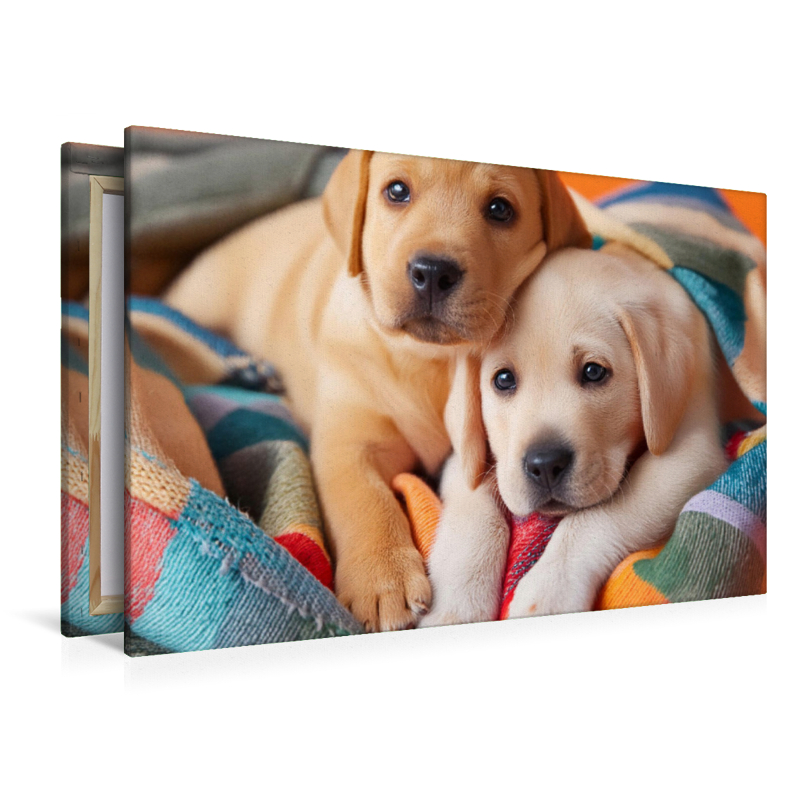 Eingekuschelt in eine bunte Decke liegen zwei Labrador Retriever Welpen nebeneinander