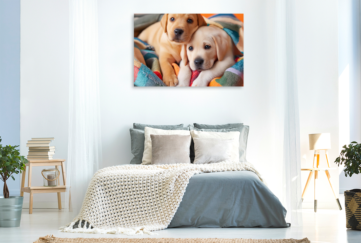 Eingekuschelt in eine bunte Decke liegen zwei Labrador Retriever Welpen nebeneinander