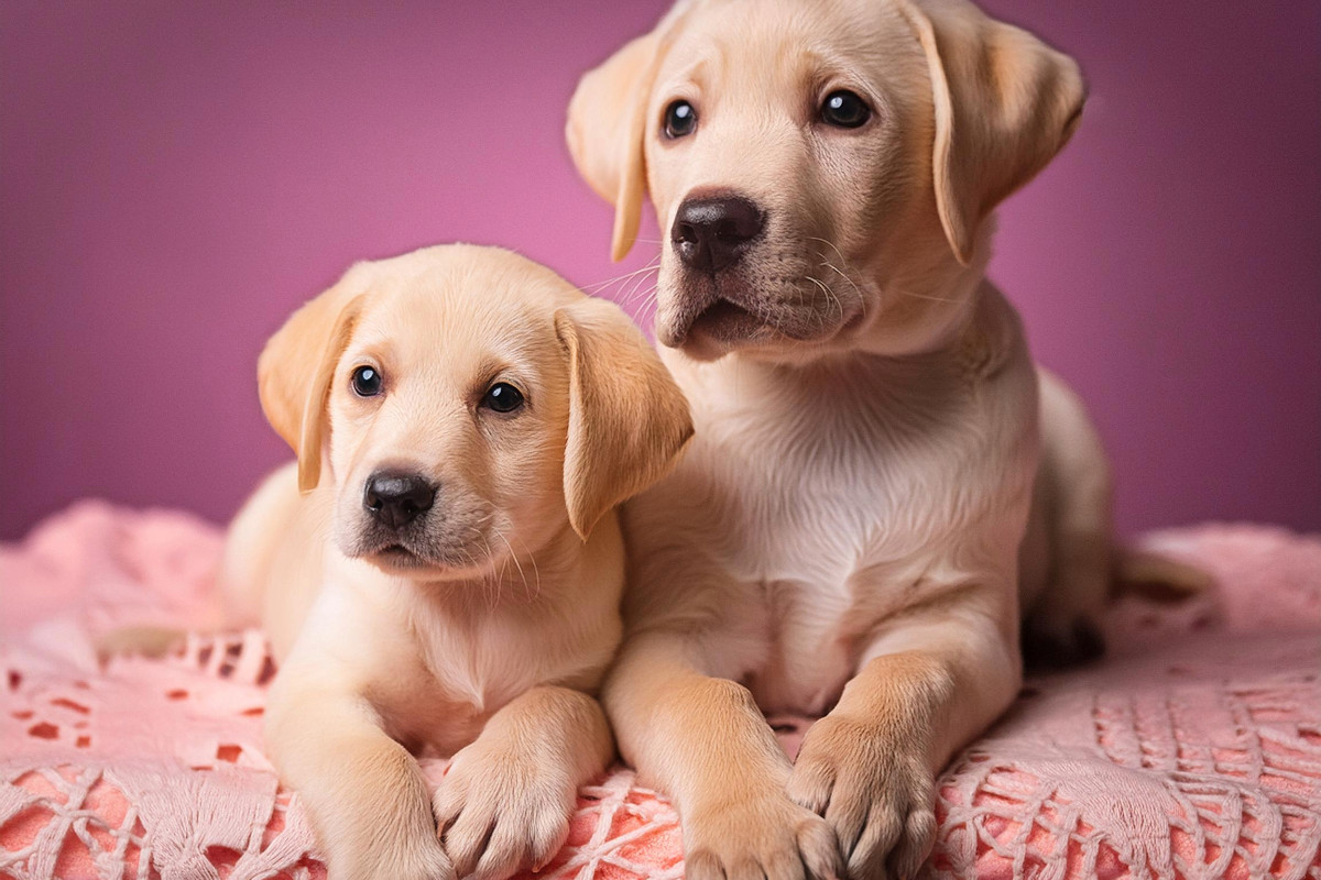 Zwei Labrador Retriever Welpen kuscheln auf einer rosafarbenen Decke