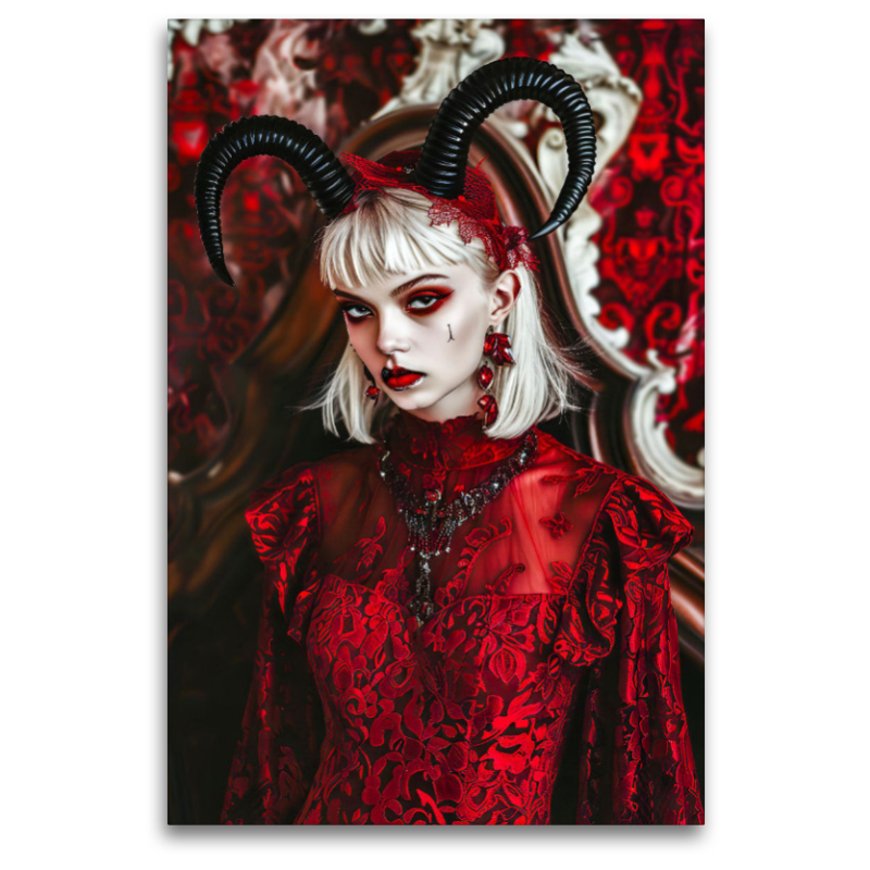 Dame mit Teufelshörnern im roten Samtkleid. Gothic Szene