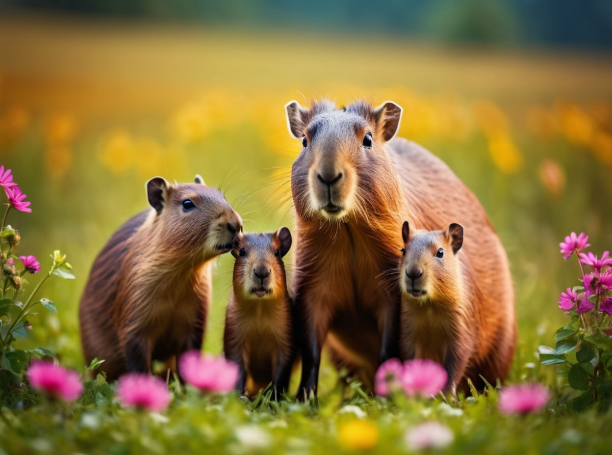 Familie Wasserschwein auf bunter Blumenwiese