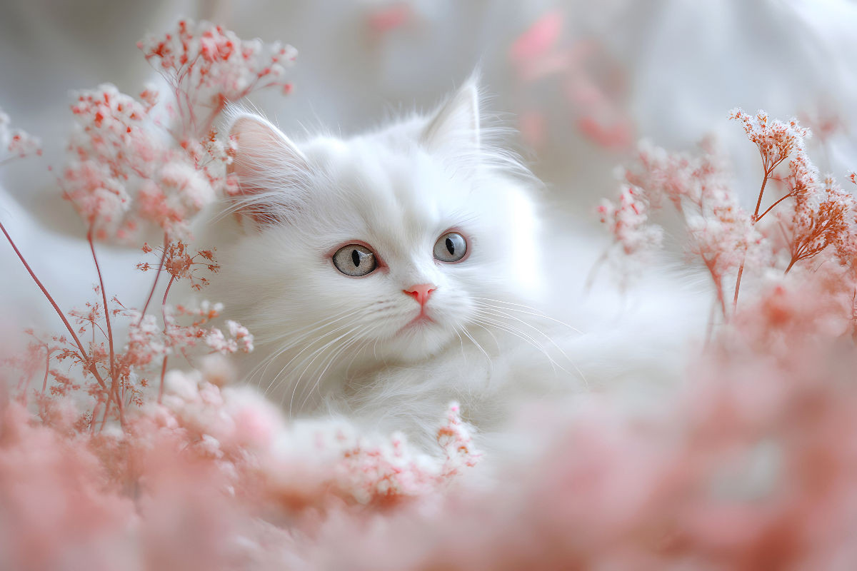 Weisse Katze in rosa Blumen