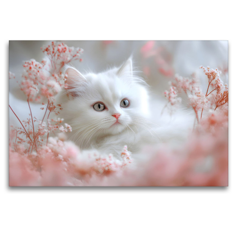 Weisse Katze in rosa Blumen