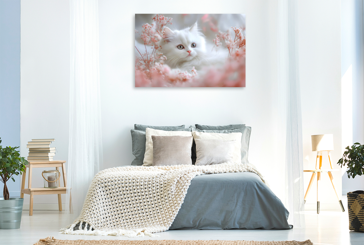 Weisse Katze in rosa Blumen