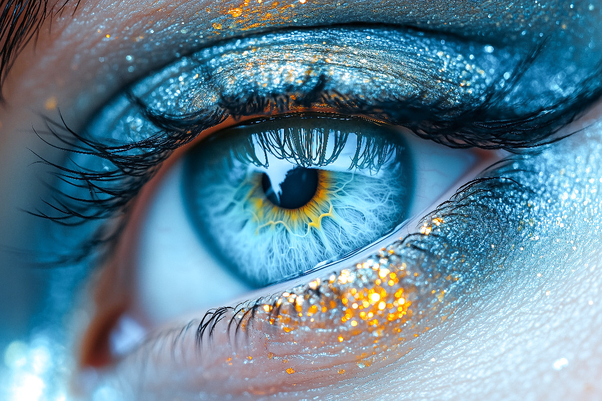 Himmelblaue Augen mit glitzernder Iris