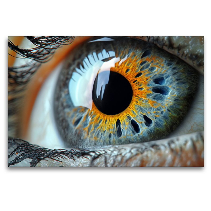 Stahlblaue Augen mit orangefarbenen Iris-Akzenten