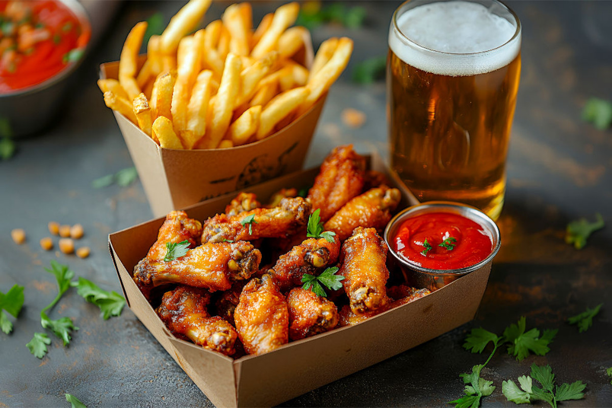 Dies ist wohl eines der beliebtesten Fastfood-Menüs: Chikcen Wings, Pommes und scharfe Soße