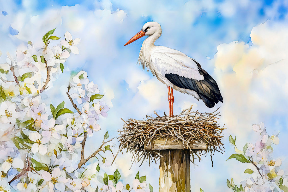 Weißstorch auf dem Horst im Frühling Aquarellmalerei