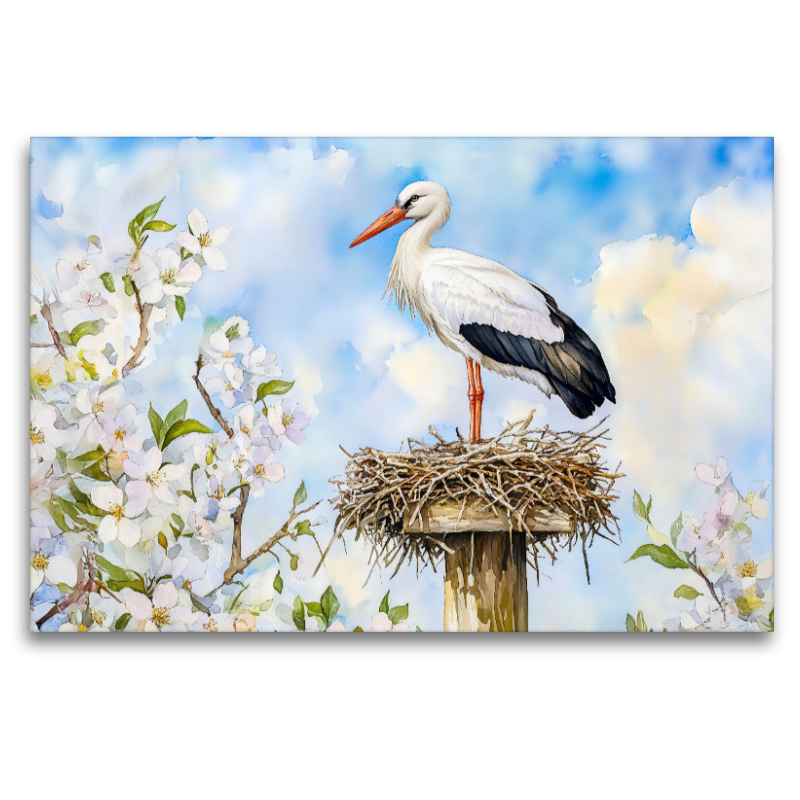 Weißstorch auf dem Horst im Frühling Aquarellmalerei