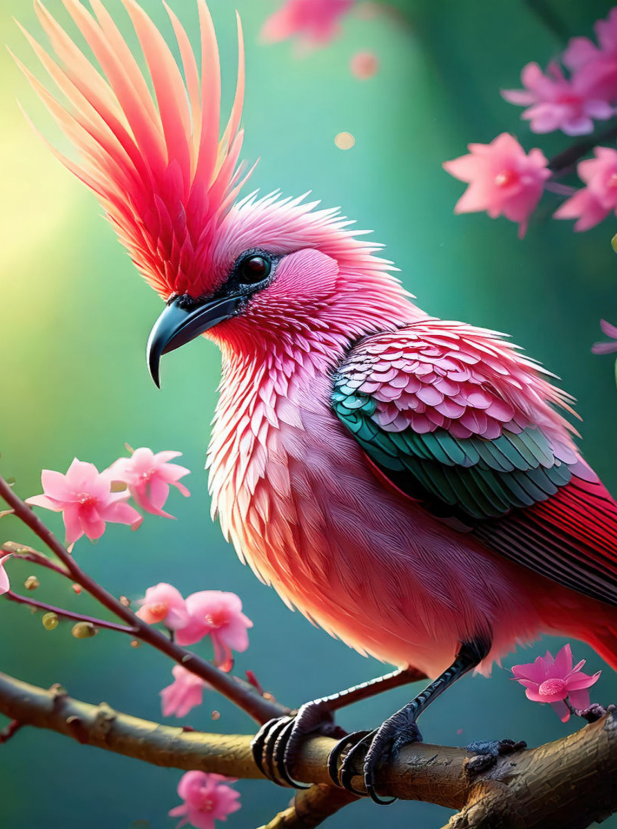 Ein bunter Paradiesvogel mit pinkfarbenen Federkamm inmitten zarten pinkfarbenen Blumen