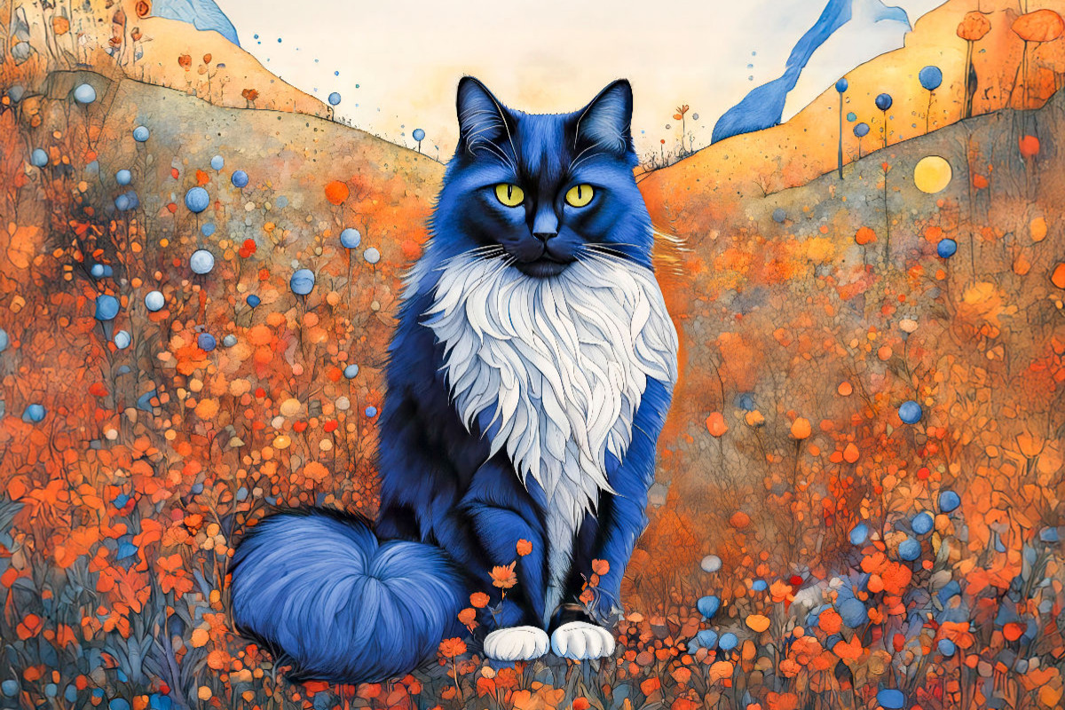 Majestätische blaue Katze im Feld