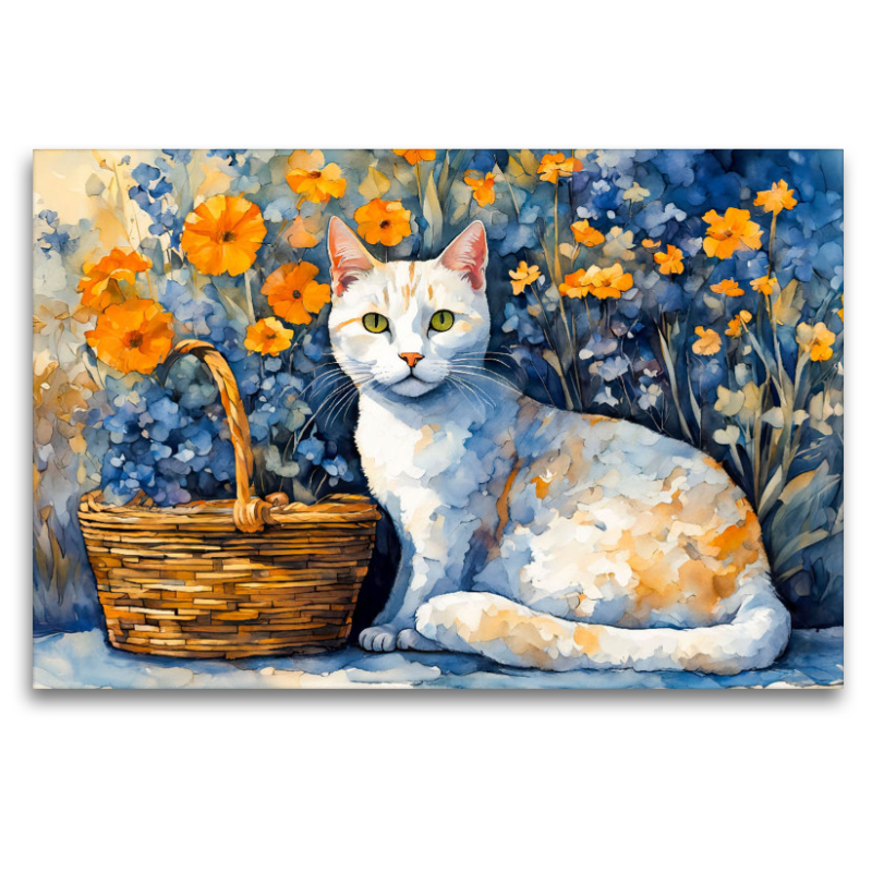 Gouache Katze im Blumengarten