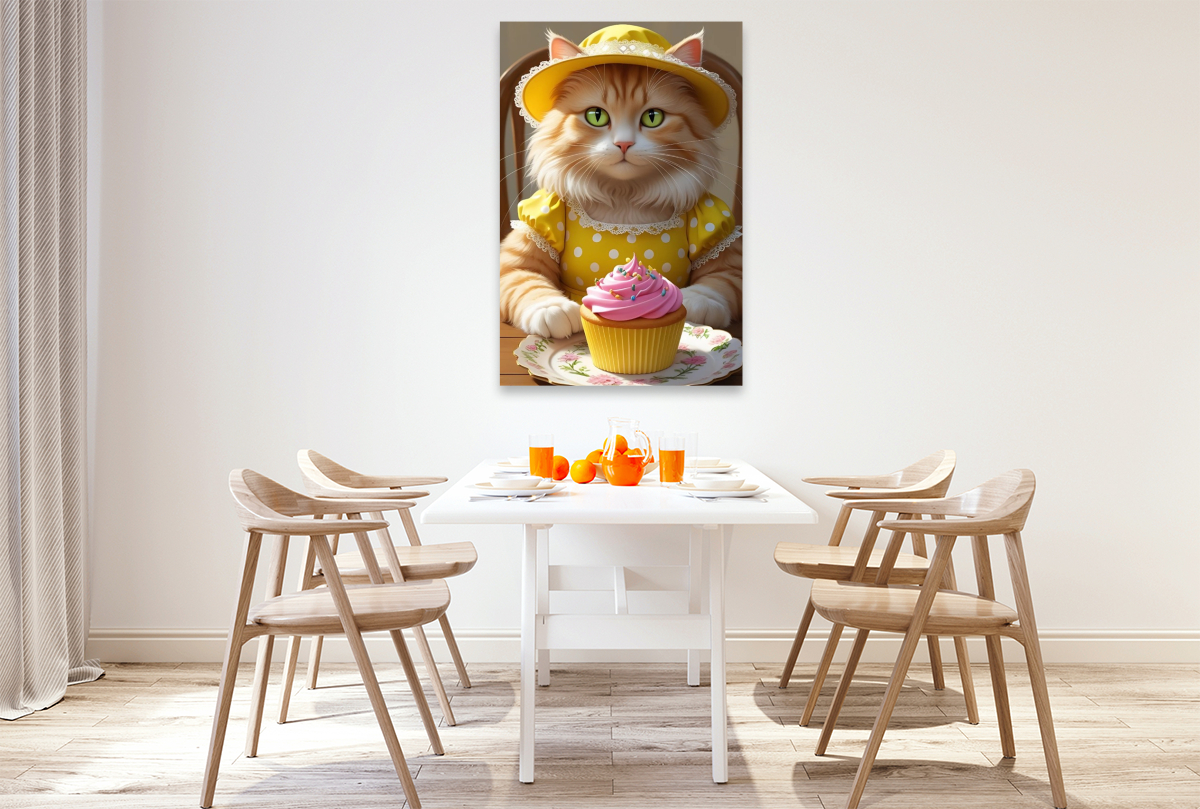 Süße Katze mit Cupcake im Vintage-Kleid – lustiges Katzenbild für die Küche
